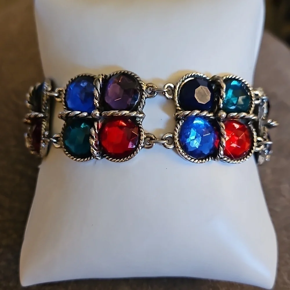 Vtg 1980s Medieval Fantasy Rainbow Acrylic Gem Chunky Bracelet